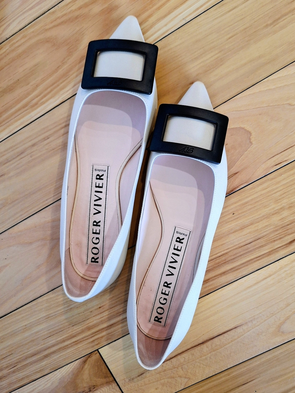 Roger Vivier Off White Pointed-Toe Flats with Black Square Buckle.